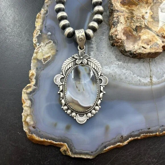 Sterling Southwestern Style Oval Moss Agate Tube Decorated Pendant For Women